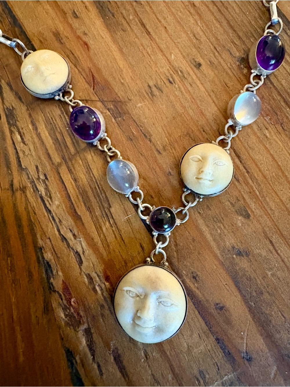Vintage Handcrafted sterling Silver Necklace with Cameo Faces and Gemstones